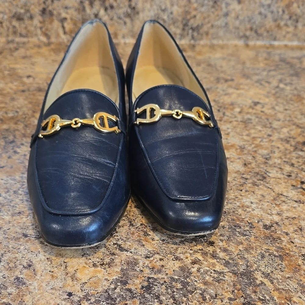 Etienne Aigner Navy Leather Loafers with Gold Detail - Picture 5 of 7